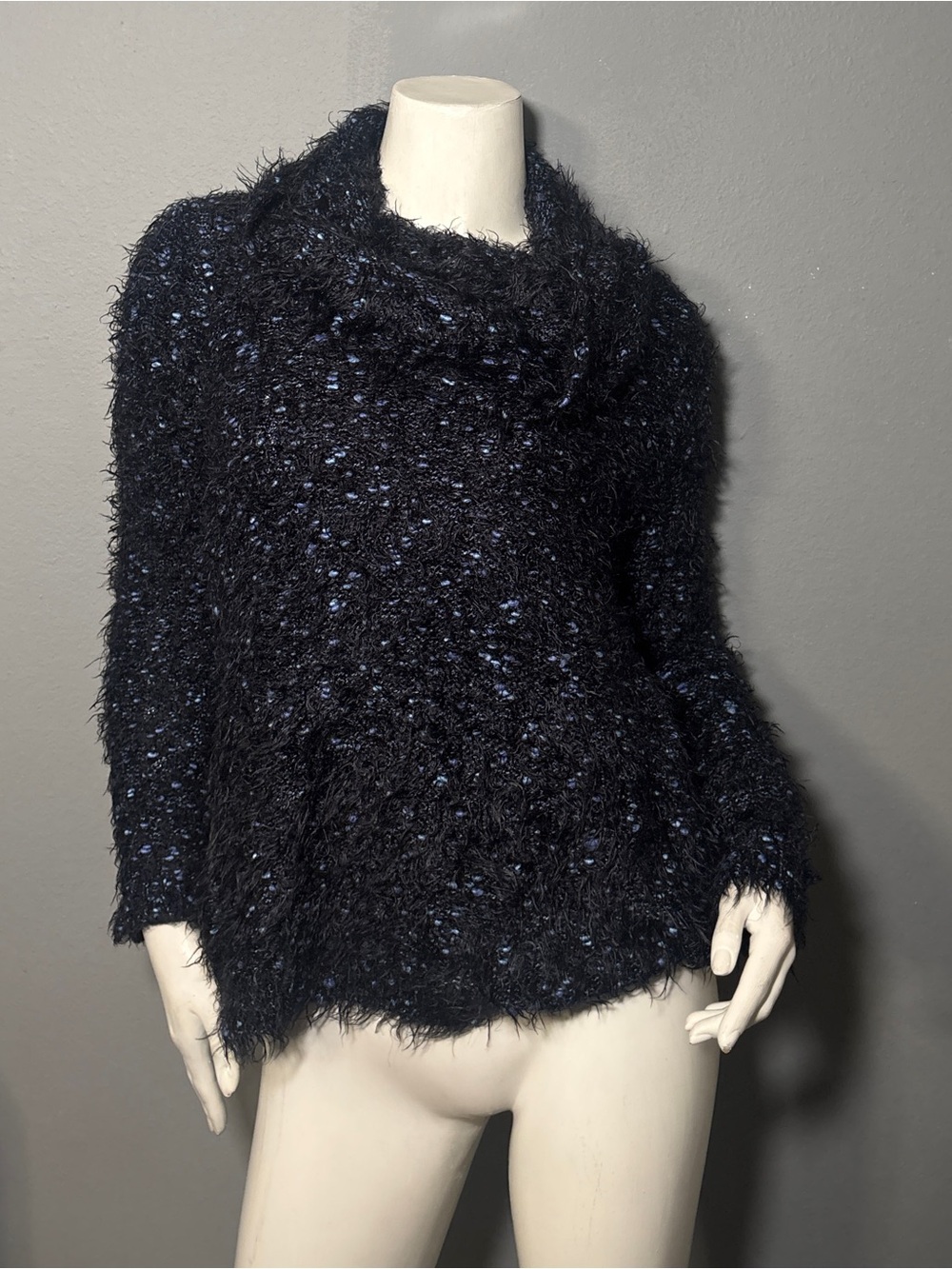 Plush Black Cowlneck Sweater with Blue Speckle